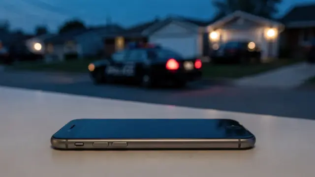 Smartphone und Polizeiwagen als Motiv zum Thema Polizei rufen und 110 wählen