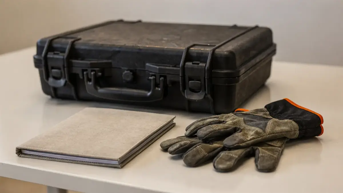 Waffenschein und Transport: Verschlossener Koffer, Dokumente und Handschuhe als Symbol für die Regeln.