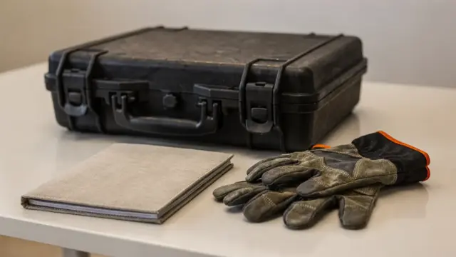 Waffenschein und Transport: Verschlossener Koffer, Dokumente und Handschuhe als Symbol für die Regeln.