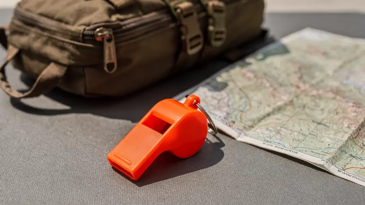 Orange Signalpfeife neben Outdoor-Ausrüstung als Thema Notfall