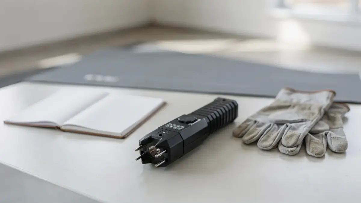 Deaktivierter Elektroschocker neben Trainingsmaterial für die rechtssichere Anwendung