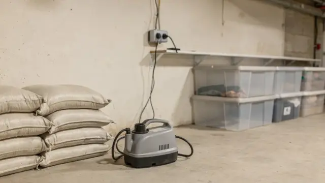Vorbereitete Hochwasserschutz-Materialien im Keller für Haushalt, Keller und Familie