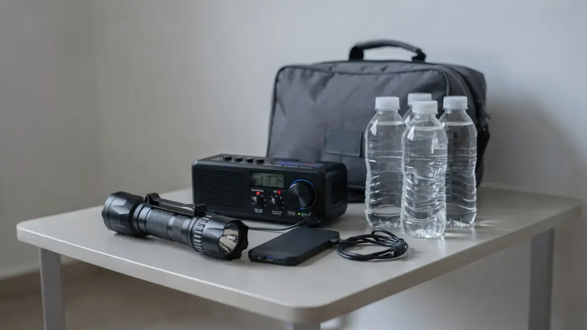 Notfallausrüstung bei Sturm und Orkan: Taschenlampe, Radio, Powerbank und Wasser in einer Wohnung