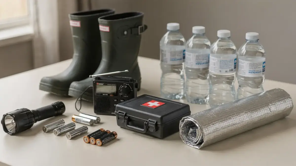 Unwetter-Notfallausrüstung für Sturm, Starkregen und Hochwasser: Lampe, Radio, Wasser und Schutzkleidung
