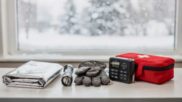 Winter-Notfallausrüstung bei Schneefall-Kälte: Thermodecke, Taschenlampe und Wetterradio auf einem Tisch