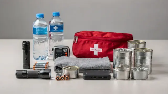 72-Stunden-Notfallausrüstung mit Wasser, Taschenlampe, Radio und Erste-Hilfe-Set auf einem Tisch