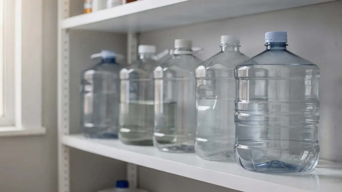 Vorrat an Trinkwasser in Flaschen und Kanistern für die sichere Lagerung