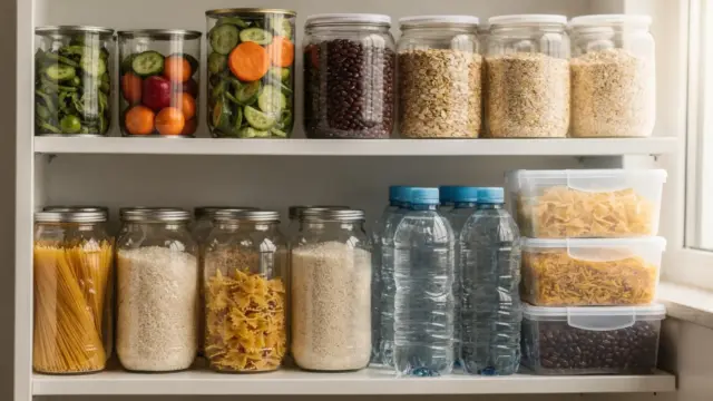 Notvorrat Lebensmittel mit haltbaren Vorräten wie Konserven, Reis, Pasta und Wasser für die Krisenvorsorge