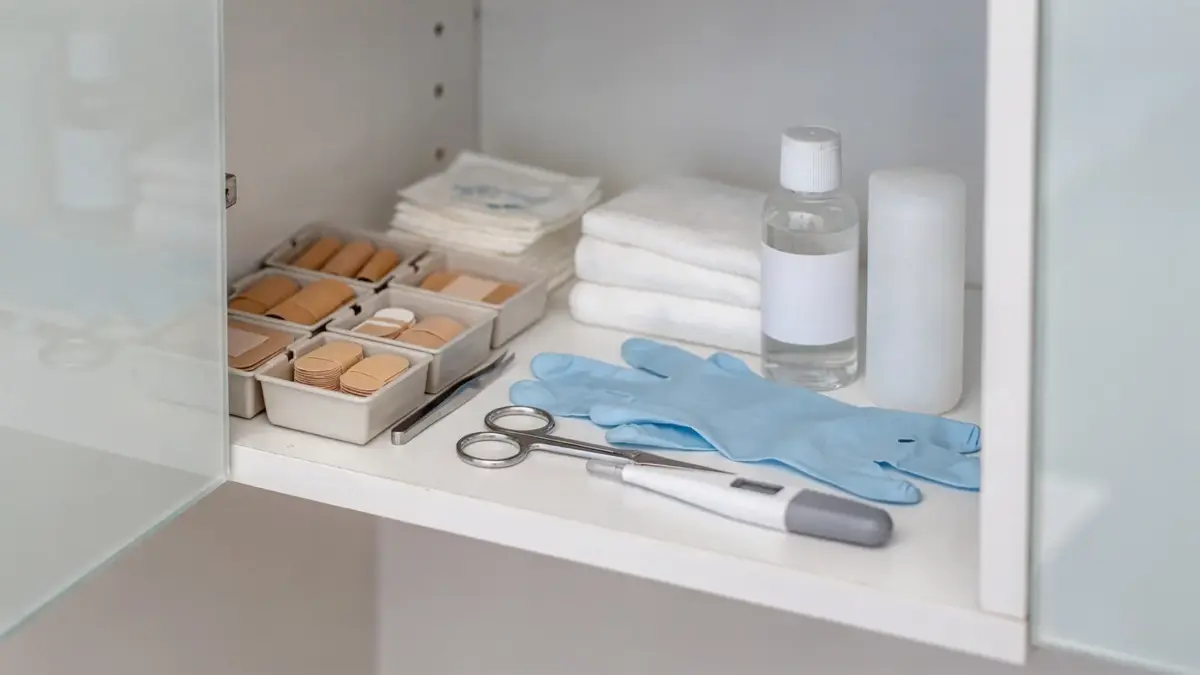 Hausapotheke im Notfall mit Verbandmaterial, Pflastern und Thermometer im geordneten Schrank