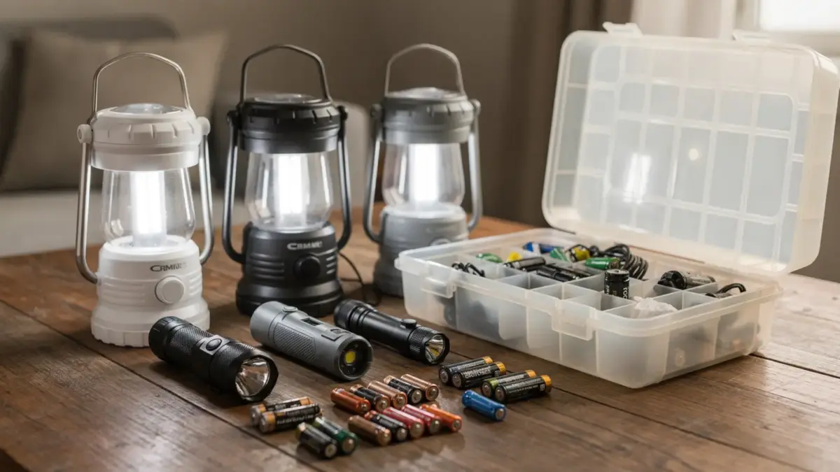 Notfalllicht mit Batterie: Batterie-Laternen, Taschenlampen und Ersatzbatterien auf einem Tisch