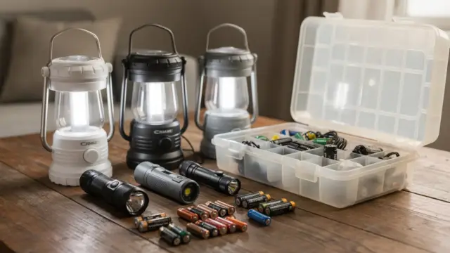 Notfalllicht mit Batterie: Batterie-Laternen, Taschenlampen und Ersatzbatterien auf einem Tisch
