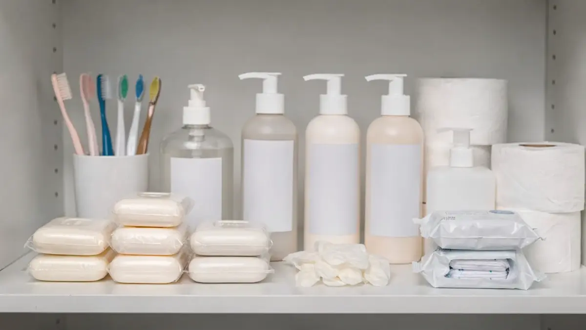 Notfall-Hygieneartikel: geordneter Hygienevorrat mit Seife, Zahnbürste, Toilettenpapier und Desinfektionsmittel