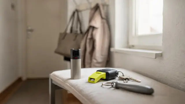 Sichtbar getragenes Abwehrmittel wie ein Personenalarm an Tasche oder Gürtel im Alltag
