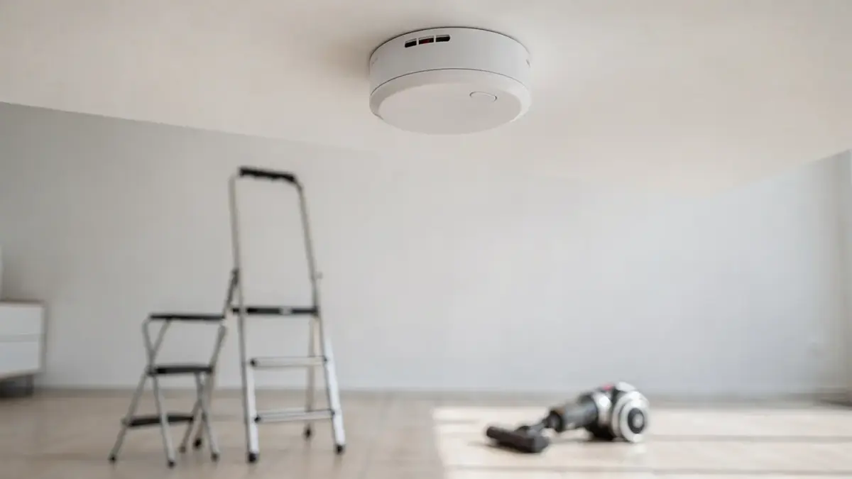 Rauchmelder an der Decke bei der Wartung – Thema Fehlalarm beim Alarmgerät