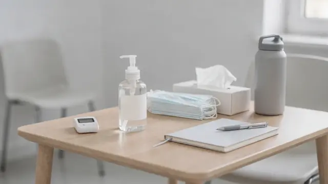 Home quarantine setup mit Thermometer, Desinfektionsmittel und Maske als sicherer Notfallplatz