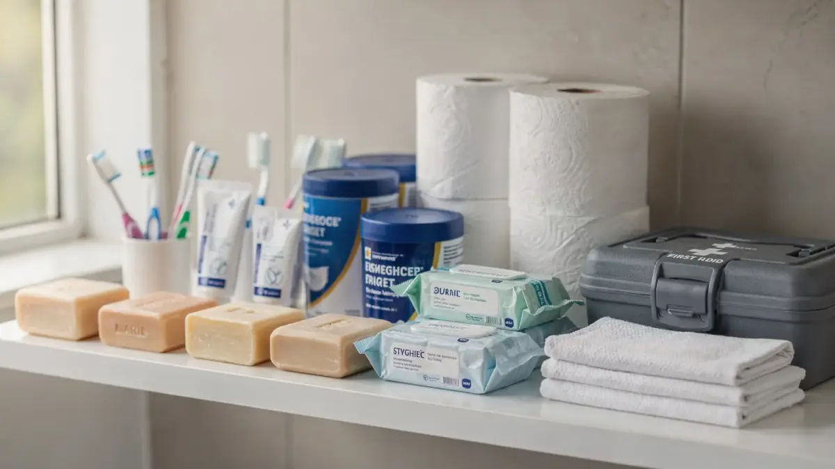 Krisenvorsorge mit Hygieneartikeln wie Seife, Zahnpasta, Toilettenpapier und Desinfektionstüchern.