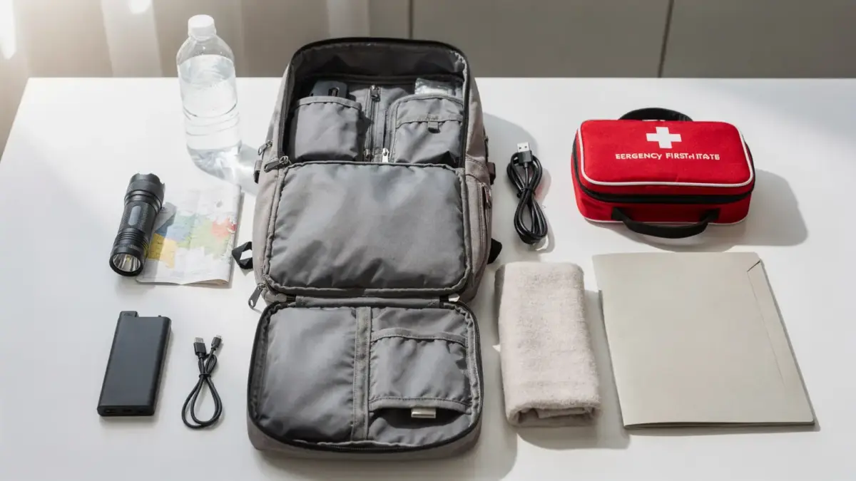 Evakuierungsrucksack mit wichtigen Gegenständen wie Taschenlampe, Wasser, Erste-Hilfe-Set und Dokumenten