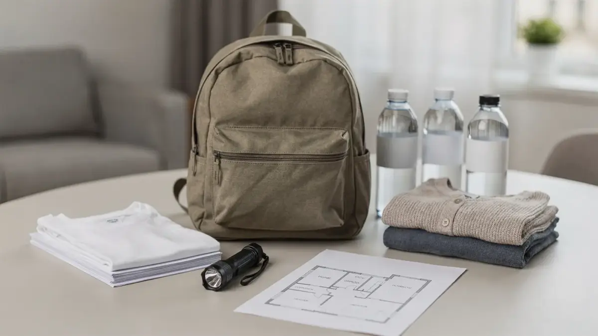 Evakuierung vorbereiten mit Notfallrucksack, Dokumenten, Taschenlampe und Grundausstattung für den schnellen Auszug