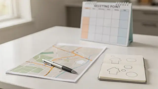 Familie plant einen Notfall-Treffpunkt mit Karte, Notizbuch und Kalender für den Krisenfall.