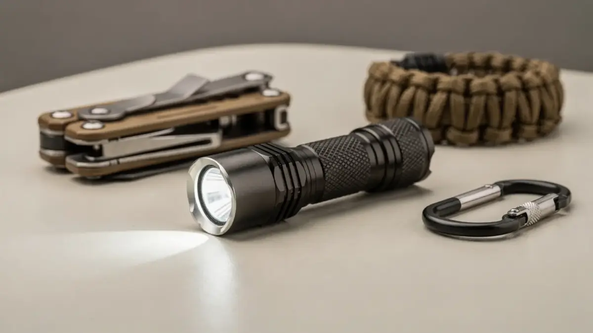 Taktische Taschenlampe als Selbstverteidigungs-Accessoire auf neutralem Tisch
