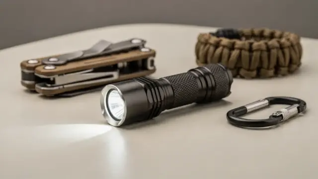 Taktische Taschenlampe als Selbstverteidigungs-Accessoire auf neutralem Tisch