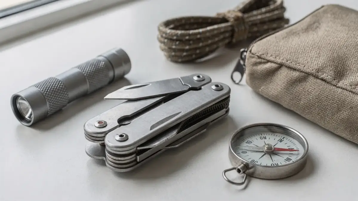Multitool in einer Notfallausrüstung mit Taschenlampe, Kompass und Erste-Hilfe-Beutel