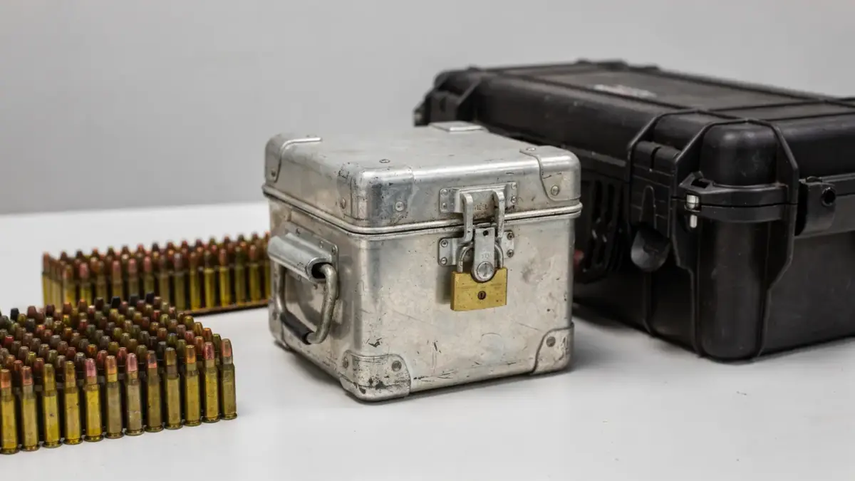 Gesicherte Munitionskiste und ordentlich verpackte Patronen zum Thema Munition transportieren