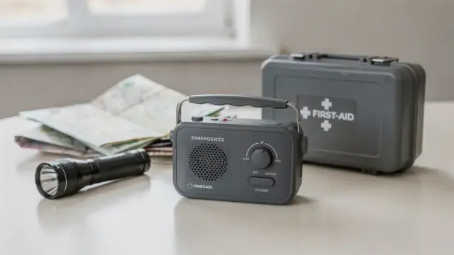 Kurbelradio in der Krisenvorsorge mit Taschenlampe und Erste-Hilfe-Set auf einem Tisch