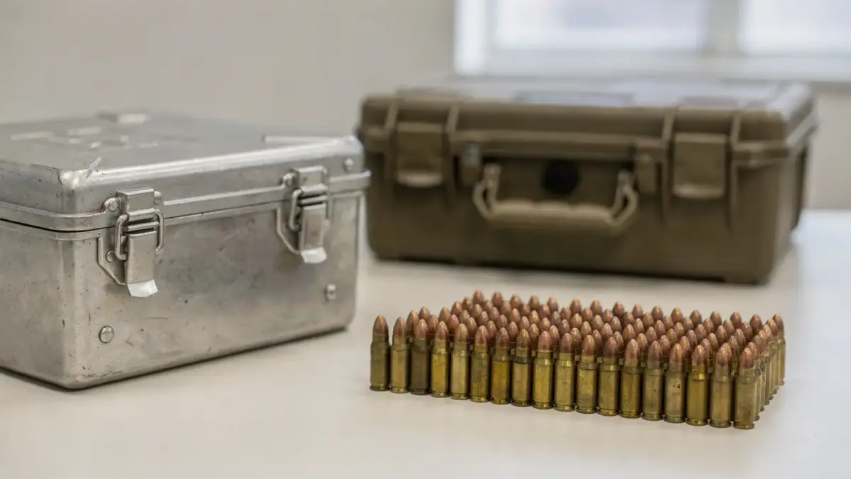 Gesicherte Munitionskiste und ordentlich verpackte Patronen zum Thema Munition transportieren
