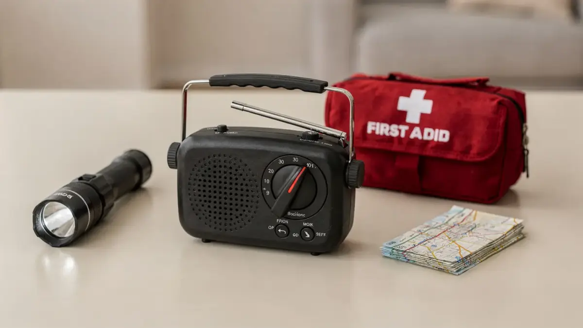 Kurbelradio in der Krisenvorsorge mit Taschenlampe und Erste-Hilfe-Set auf einem Tisch