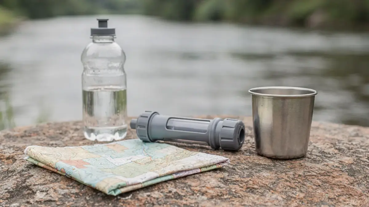 Notfall-Wasserfilter mit Flasche und Outdoor-Ausrüstung für den Artikel über Wasserfilter im Notfall