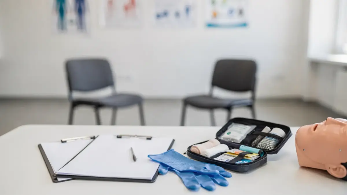 Einwilligung bei Nothilfe: Ersthelfer spricht mit einer betroffenen Person neben Verbandsmaterial