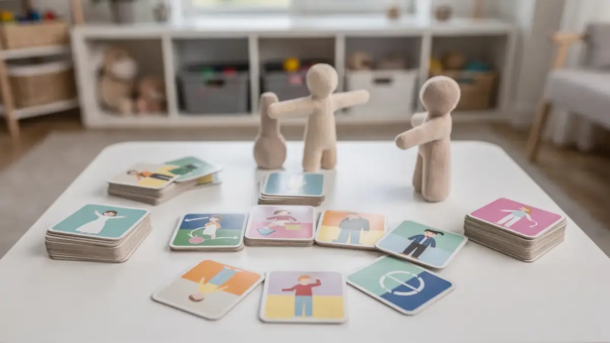 Kind in einer Trainingseinheit zum Selbstschutz bei Kindern mit Lehrmaterial und betreuender Person