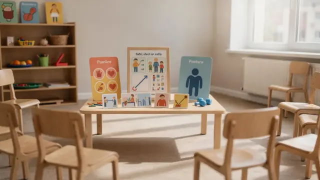 Kind in einer Trainingseinheit zum Selbstschutz bei Kindern mit Lehrmaterial und betreuender Person
