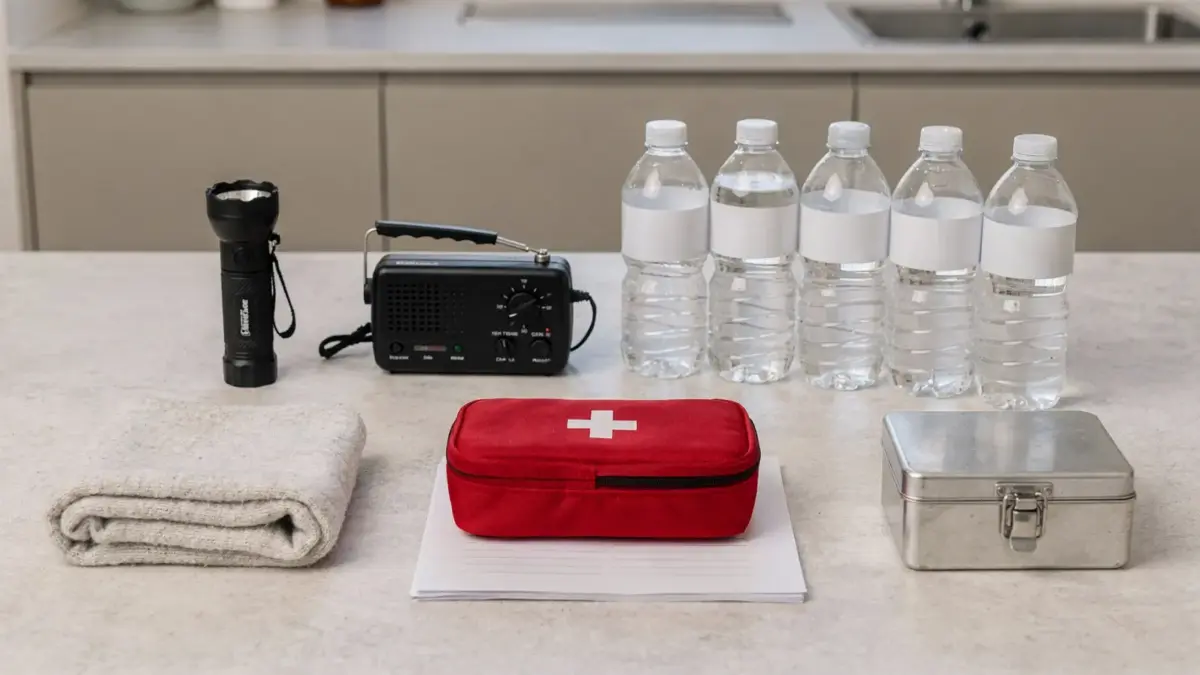 Notfallplan für den Haushalt mit Taschenlampe, Radio, Wasser und Checkliste auf einem Tisch