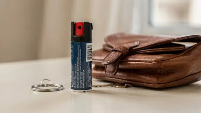 Pfefferspray zur Selbstverteidigung neben Schlüsselbund und Handtasche auf einem Tisch