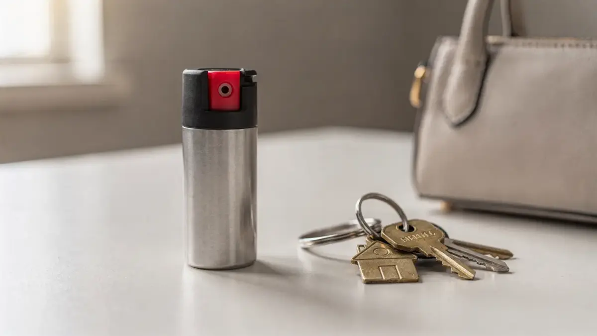 Pfefferspray neben Schlüsseln und Handtasche als Thema des Artikels zur richtigen Anwendung