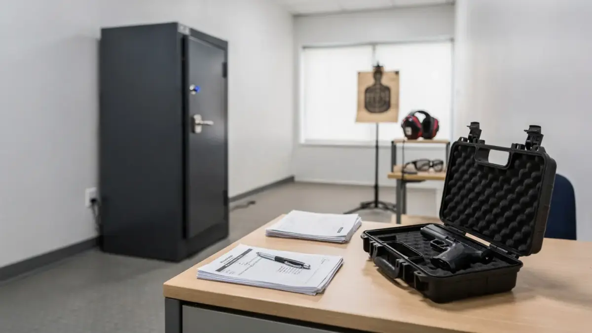 Gesicherter Innenraum mit Waffenschrank, Unterlagen und Pistolenkoffer zum Thema Waffenschein-Voraussetzungen