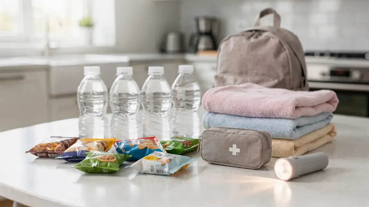 Notvorrat für Kinder mit Wasser, Snacks, Taschenlampe und Rucksack auf einem Tisch