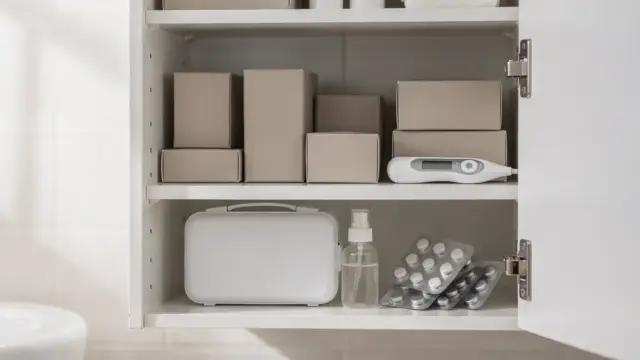 Geordnete Hausapotheke mit Notfallmedikamenten, Thermometer und Verbandskasten im Badezimmerschrank