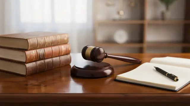 Juristische Szene mit Gesetzbuch und Richterhammer zum Thema Notwehr rechtswidrig