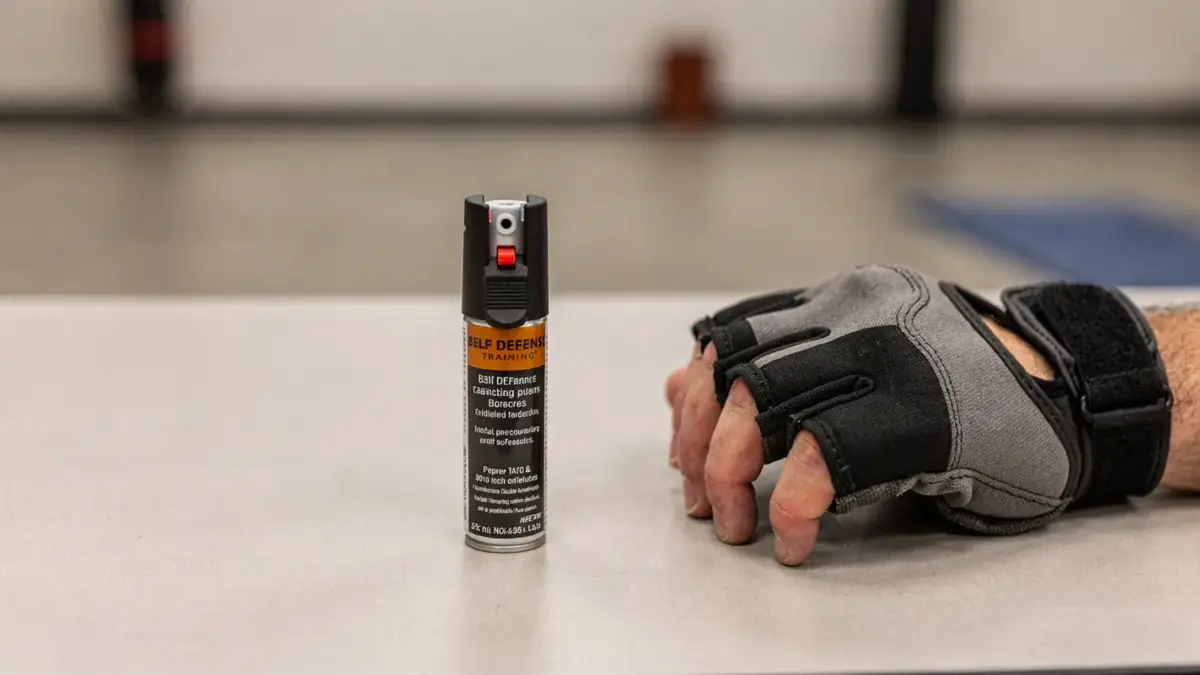 Pfefferspray-Dose auf Tisch bei Selbstverteidigungstraining
