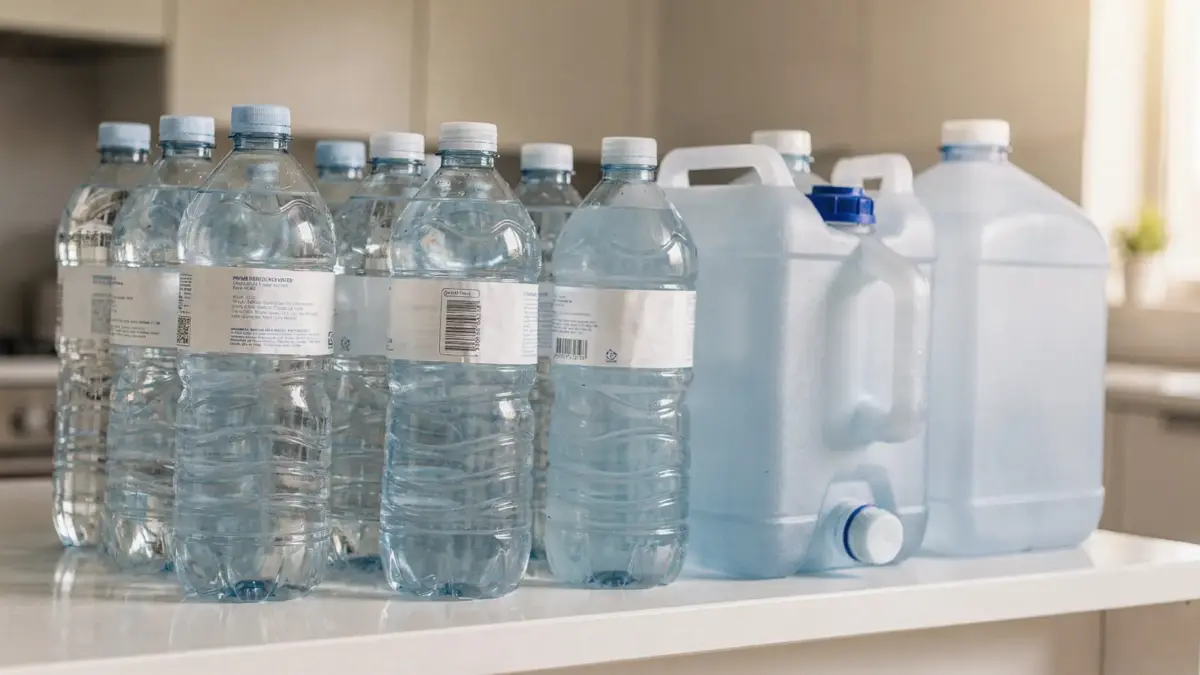 Geordnete Wasservorräte für 72 Stunden im Haushalt als Vorbereitung auf den Artikel zum Wasserbedarf.