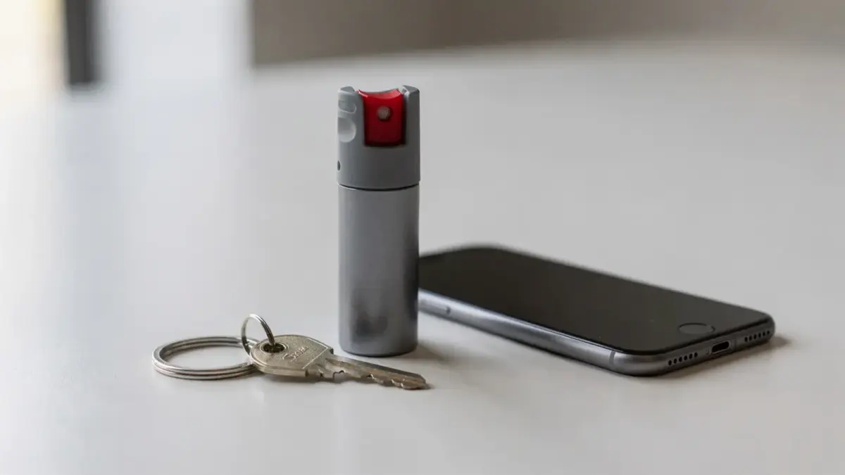 Pfefferspray auf einem Tisch neben Schlüssel und Smartphone zum Thema Gefahrensituation