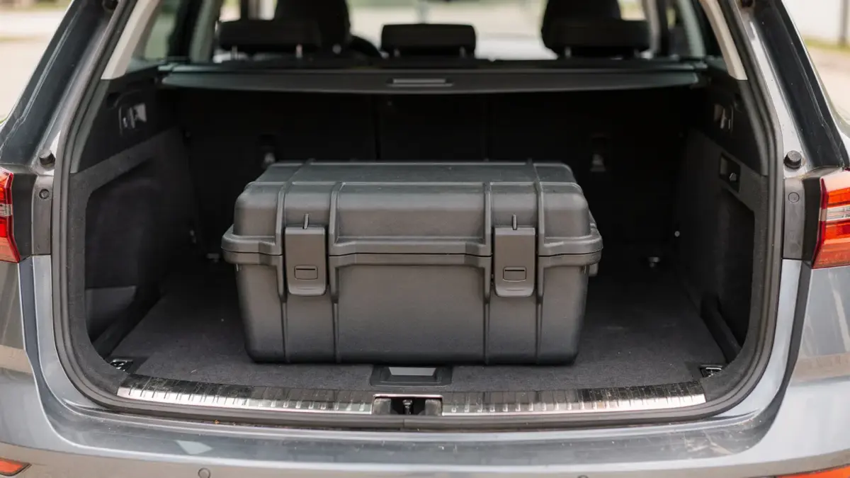 Auto-Innenraum mit verschlossener Aufbewahrungsbox zum Thema Waffen im Auto