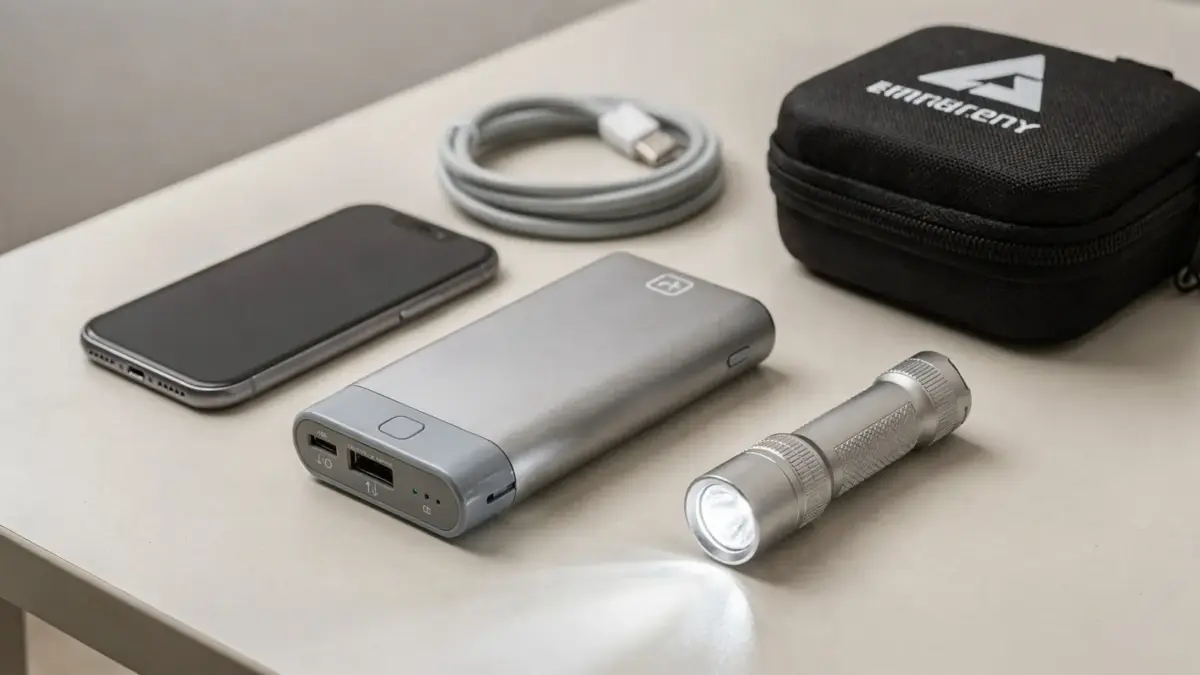 Powerbank im Notfall: kompakte Powerbank neben Smartphone, Kabel und Taschenlampe auf einem Tisch