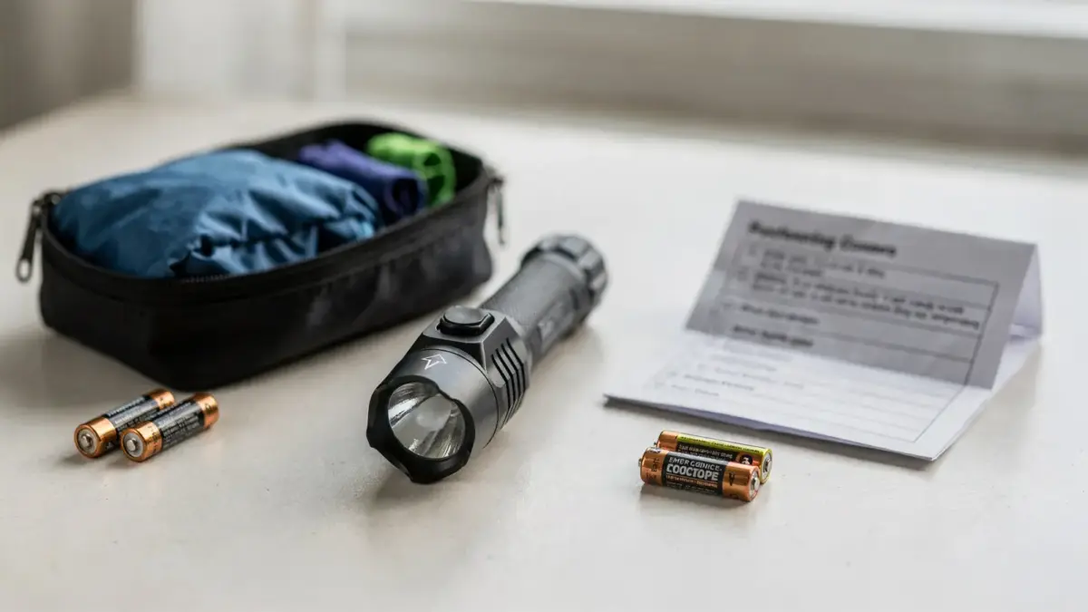 Notfalltaschenlampe mit Zubehör für die Krisenvorsorge auf einem Tisch
