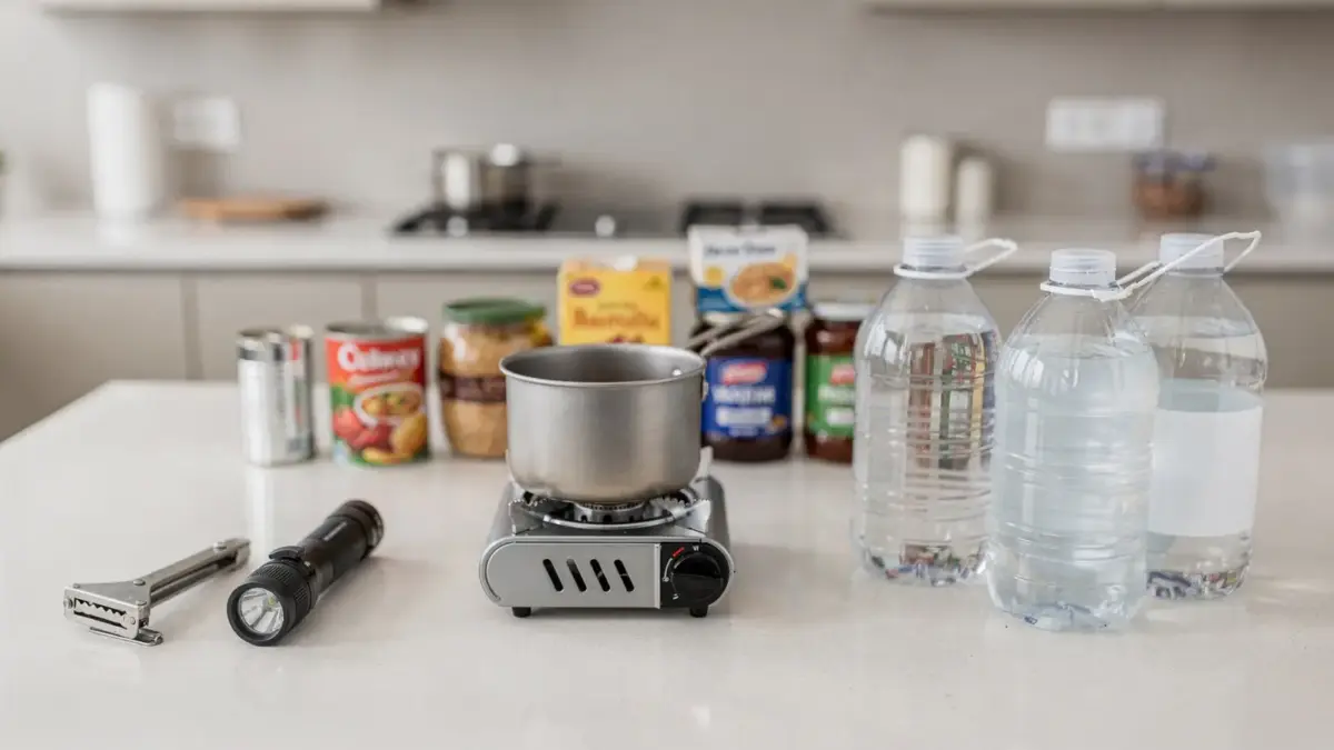 Vorräte und Campingkocher für das Kochen bei Stromausfall in einer aufgeräumten Küche