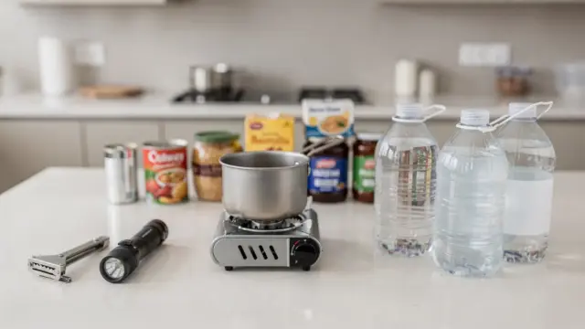Vorräte und Campingkocher für das Kochen bei Stromausfall in einer aufgeräumten Küche