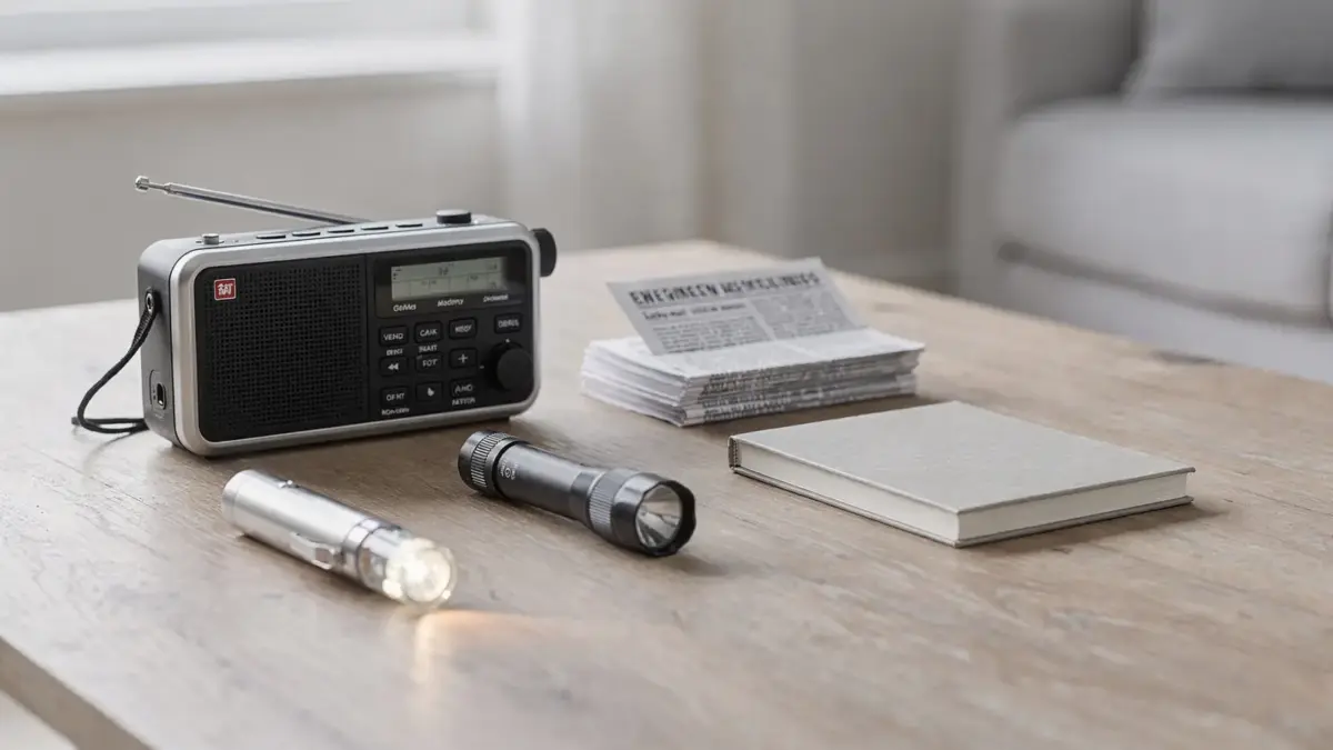 Batterieradio und Notizen für Infos ohne Internet in der Krise